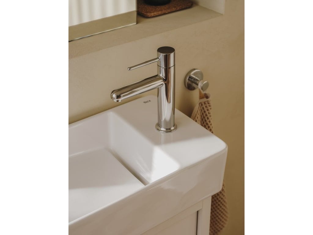 Roca Baterie lavoar Roca, Gama NU, monocomanda, marime S, levier metalic PIN, cartus ceramic, set evacuare cu tija, crom