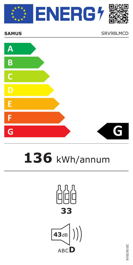 Racitor Vinuri Dual Zone Samus SRV98LMCD | 33 Sticle, Compresor, Clasa G, Negru - Etichetă energetică
