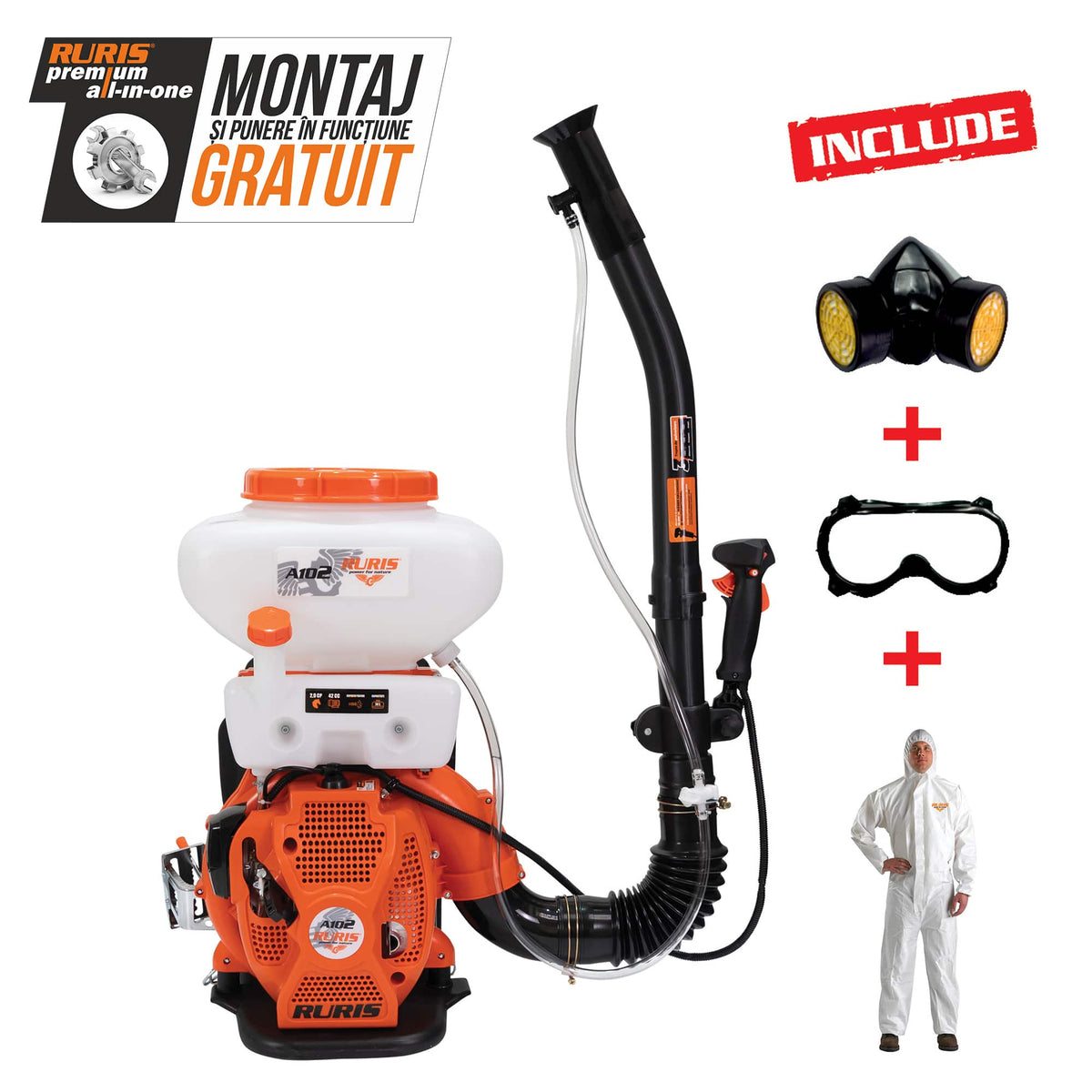 Ruris Atomizor Atomizor RURIS A102 + kit echipament de lucru (masca+ochelari+salopeta) | 2.9 CP, Tez, Capacitate rezervor 1.4l