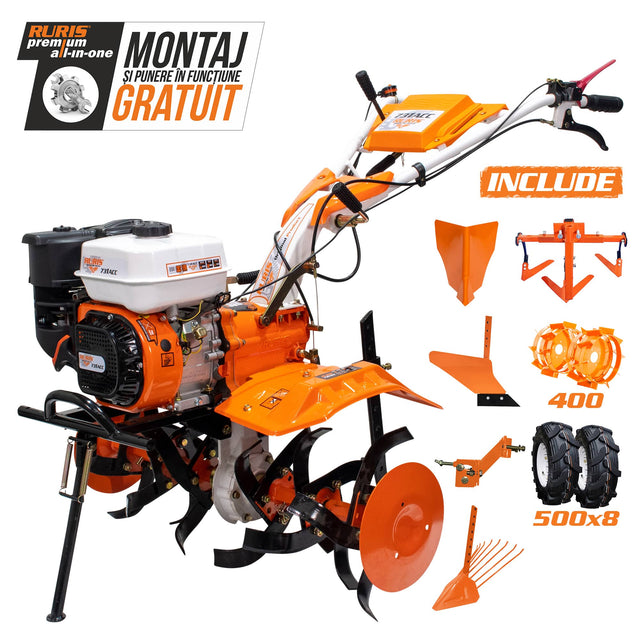 Ruris Motosapa Motosapatoare RURIS 731ACC1 + roti cauciuc 5.00-8 + rarita + plug + adaptor + dispozitiv scos cartofi + roti metalice 400 fara manicot + cultivator