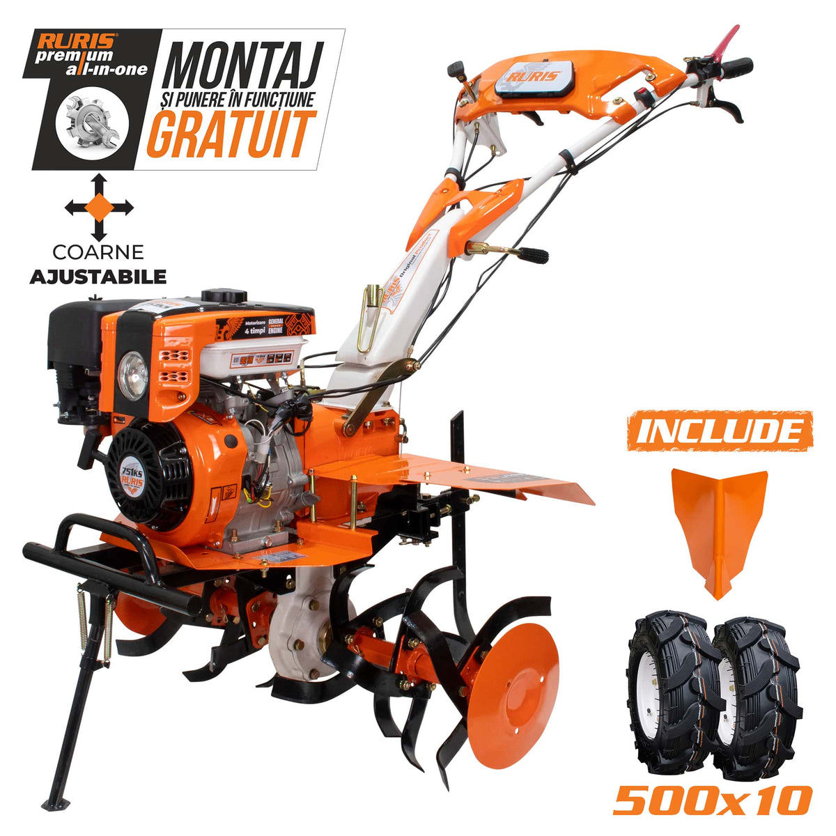 Ruris Motosapa Motosapatoare RURIS 751KS Start + roti cauciuc 5.00-10 + rarita | General Engine, Lățime de lucru 640-900 mm