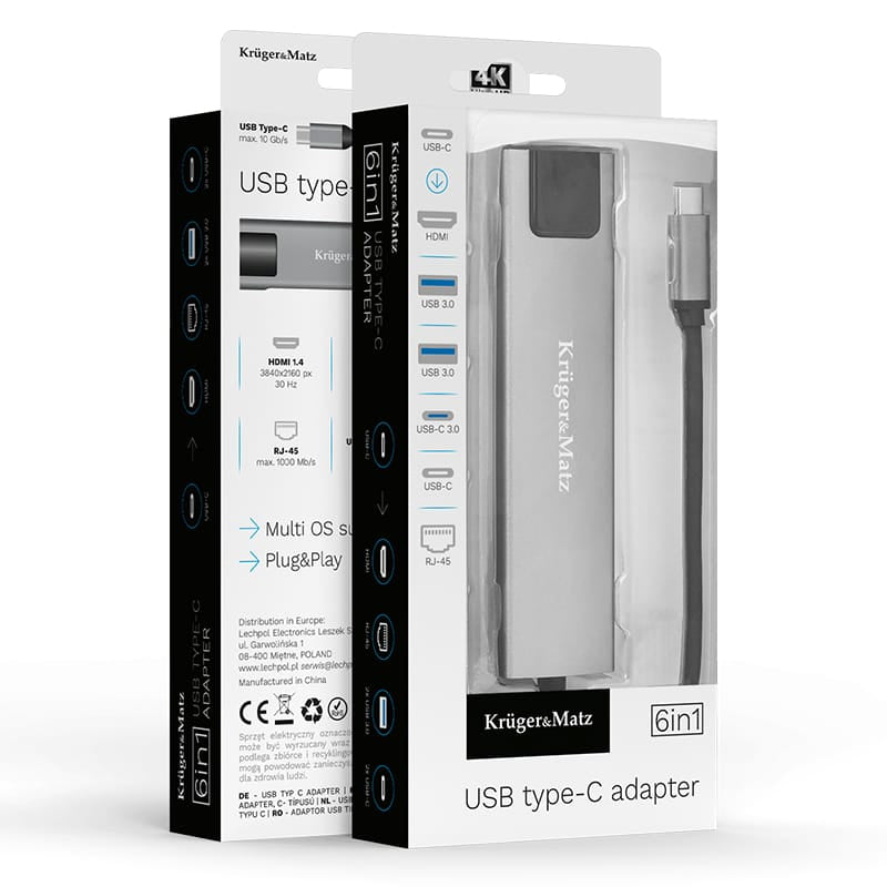 Kruger Matz ADAPTOR HUB USB TIP C HDMI/2X USB3.0/2X USB TIP C/RJ45