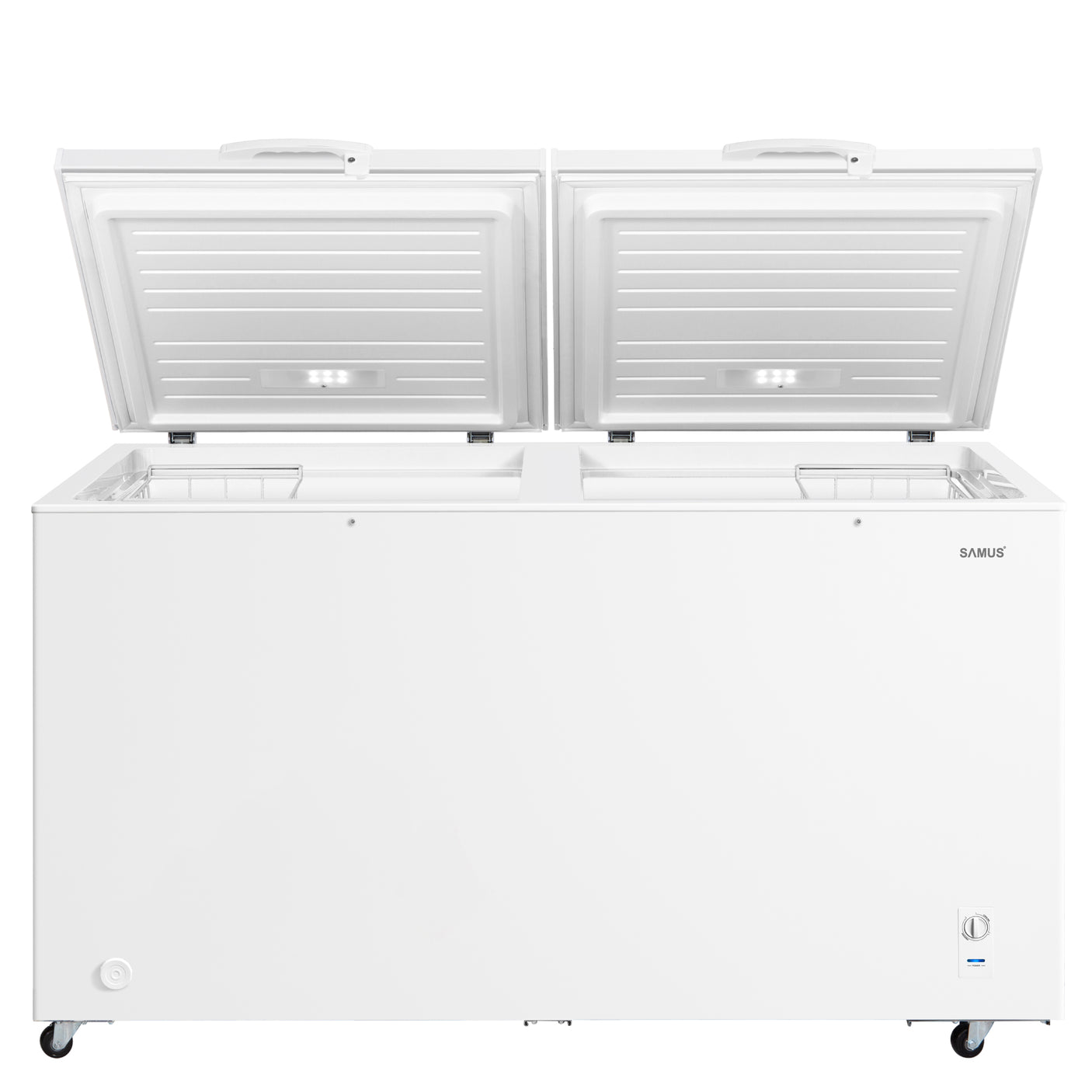 Ladă frigorifică Samus LS556E - 2 in 1 ( congelator/frigider), capacitate neta 508 litri, clasa energetica E, capacitate de congelare 23kg/24h, consum energetic 298kWH/an, cos de rafturi, panou de control cu indicator luminos, interior aluminiu, dezghetar
