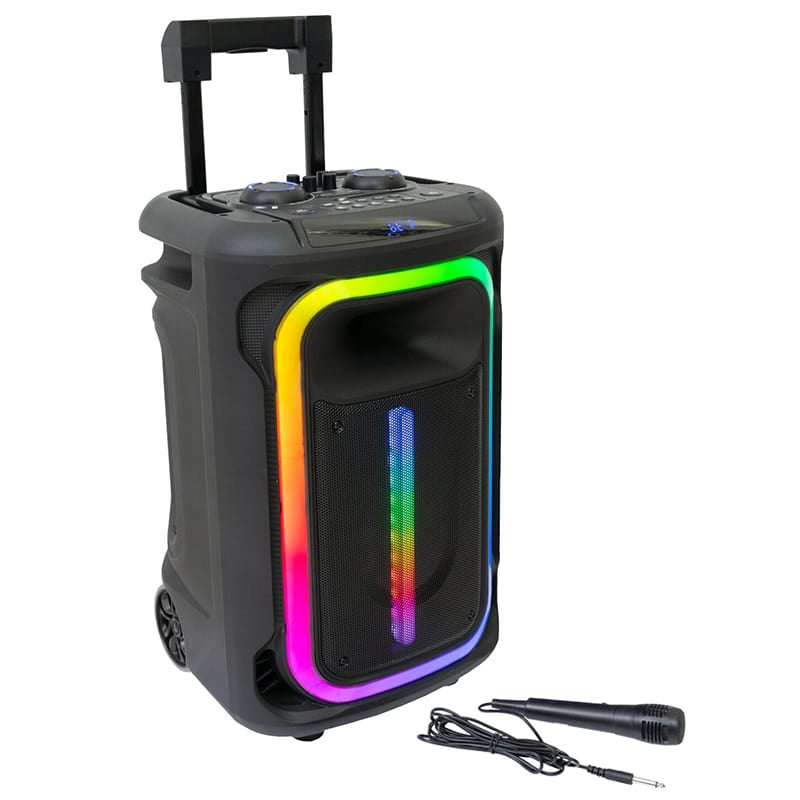 Ibiza Sound Boxă portabilă PA Ibiza Sound 12”/30 cm cu LED, Bluetooth TWS, USB/microSD/AUX, roți și cărucior, microfon inclus