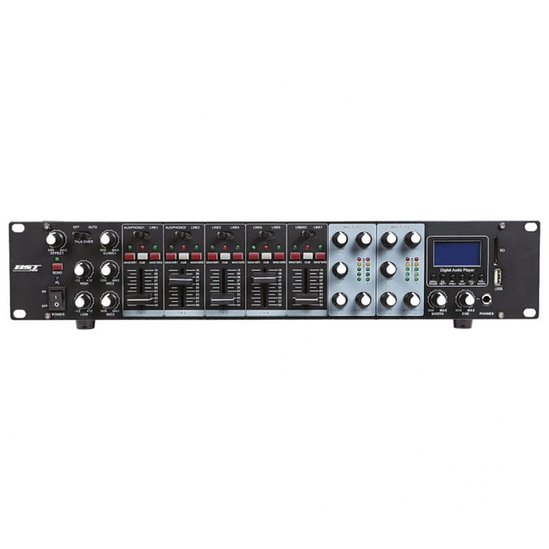 BST Mixer Audio BST Matrix 5x2 cu Player USB/MP3, 7 Intrări Linie, 3 Intrări Microfon, 2U/19”