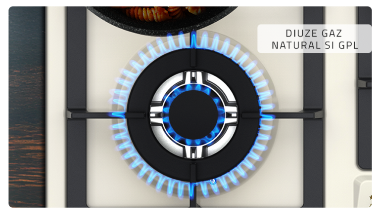 Plita Built-in-inox-gaz Samus PSG-64VS2 - design rustic, culoare bej, lăţime 58 cm, 4 arzătoare pe gaz, 1 arzător WOK, grătare din fontă, panou de control frontal, butoane design vintage, sisteme de siguranţă la arzătoare, aprindere electrică la o mană, m