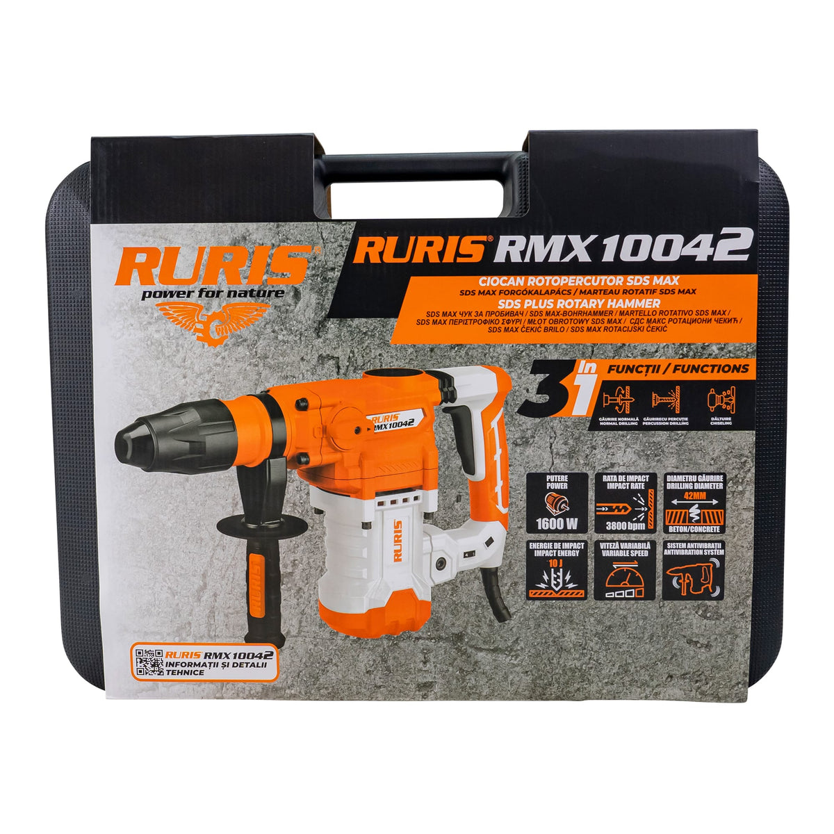 Ruris Ciocan rotopercutor Ciocan rotopercutor sds max RURIS RMX10042 | 1600W, 230-240V / 50Hz, Viteza in gol 630 rpm
