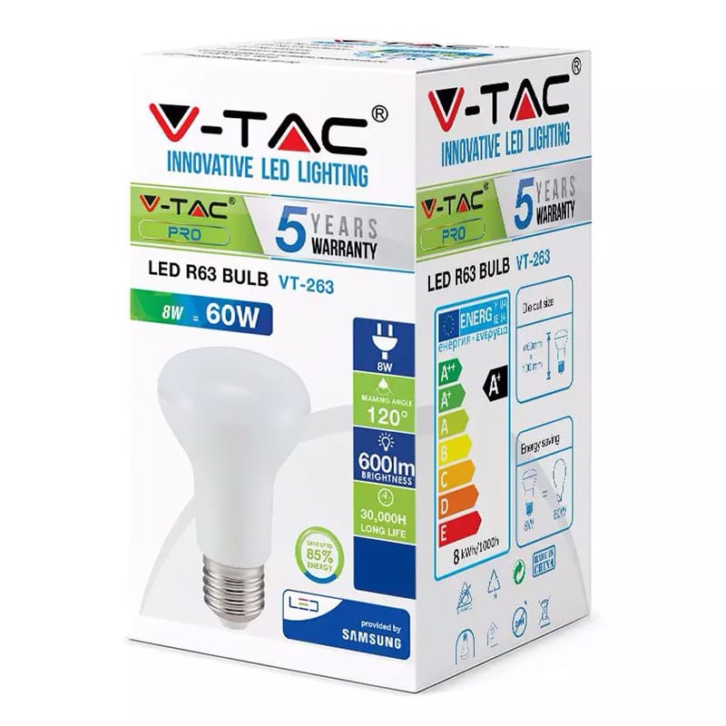 V-Tac BEC LED R63 E27 8W 3000K ALB CALD, CIP SAMSUNG