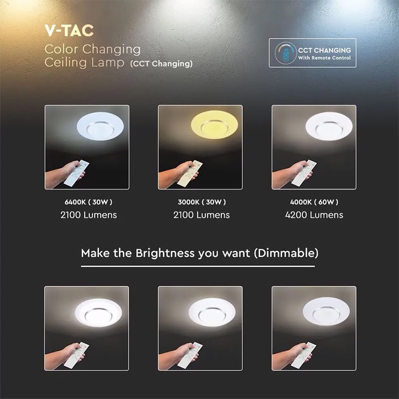 V-Tac Plafonieră LED V-Tac 60W rotundă, 3 temperaturi de culoare 3000K/4000K/6400K, dimabilă cu telecomandă, albă IP20