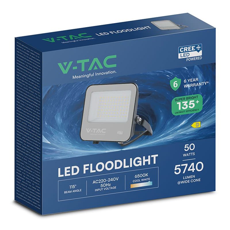 V-Tac Reflector LED REFLECTOR LED 50W 135LM/W 6500K IP65 CABLU 1M CIP CREE - NEGRU/GRI