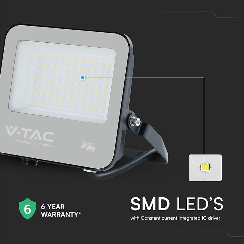 V-Tac Reflector LED REFLECTOR LED 50W 135LM/W 6500K IP65 CABLU 1M CIP CREE - NEGRU/GRI