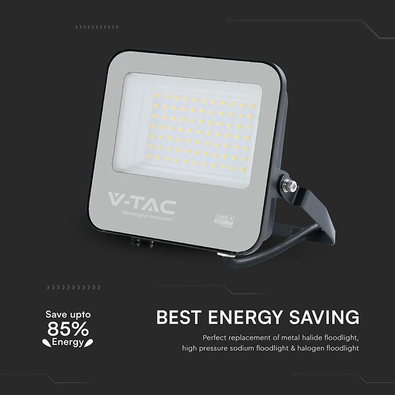 V-Tac Reflector LED REFLECTOR LED 50W 135LM/W 6500K IP65 CABLU 1M CIP CREE - NEGRU/GRI