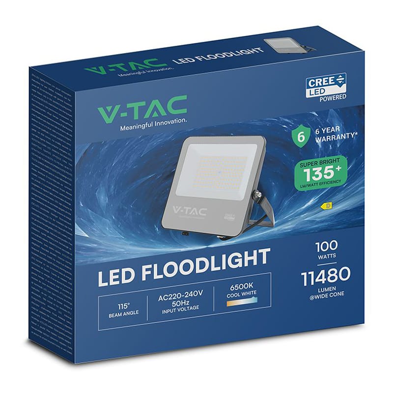 V-Tac Reflector LED REFLECTOR LED 100W 135LM/W 6500K IP65 CABLU 1M CIP CREE - NEGRU/GRI