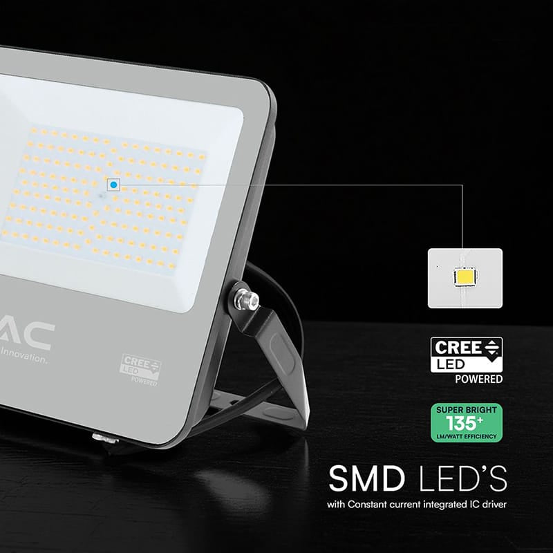 V-Tac Reflector LED REFLECTOR LED 100W 135LM/W 6500K IP65 CABLU 1M CIP CREE - NEGRU/GRI