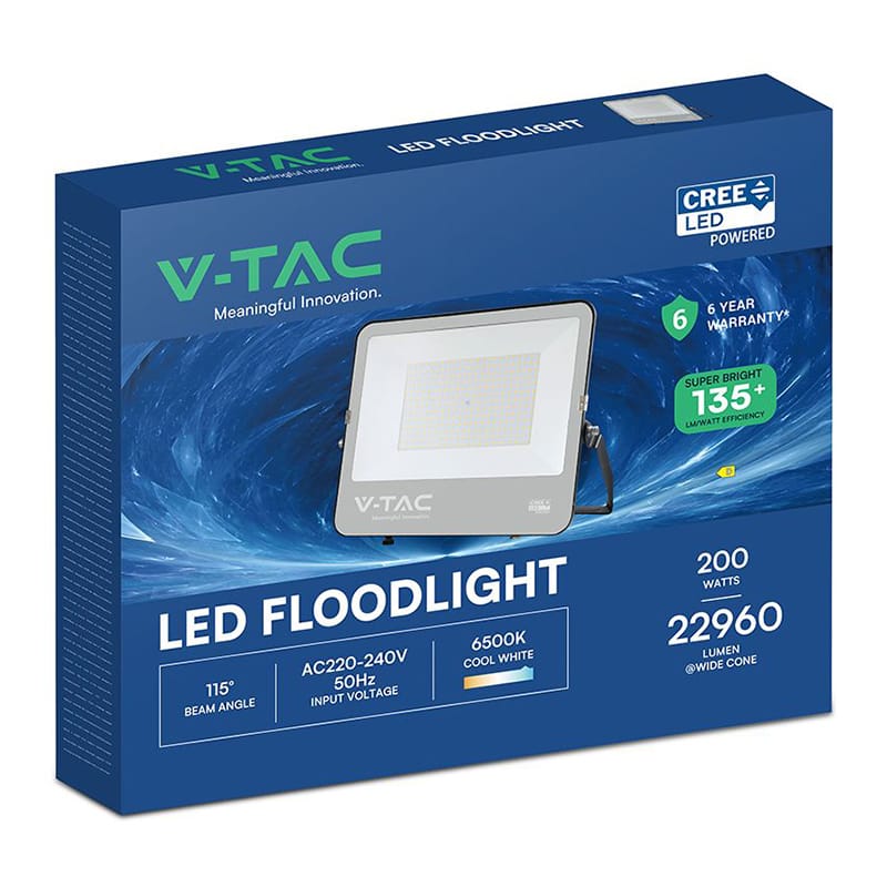 V-Tac Proiector LED Proiector LED V-Tac 200W SMD Cree 27000 lm 6500K Alb Rece IP65 135 lm/W cu cablu 1 m Negru/Gri