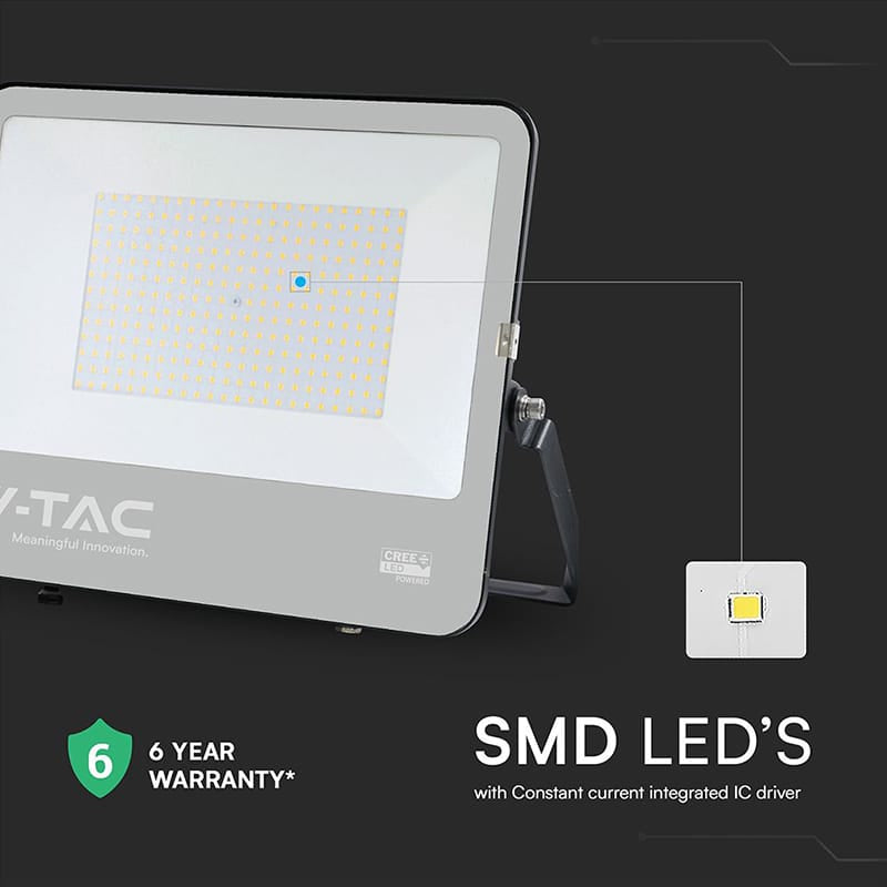 V-Tac Proiector LED Proiector LED V-Tac 200W SMD Cree 27000 lm 6500K Alb Rece IP65 135 lm/W cu cablu 1 m Negru/Gri