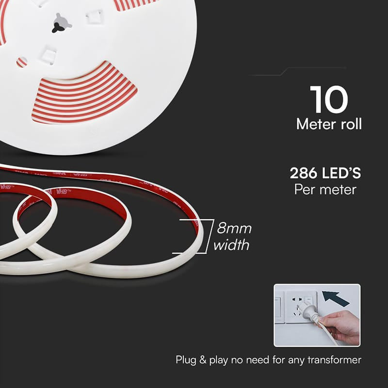 V-Tac Banda LED Bandă LED COB V-Tac 12.5W/m 220-240V IP65 6500K Alb Rece, Rulou 10m, 8mm, 1100lm/m, CRI80+