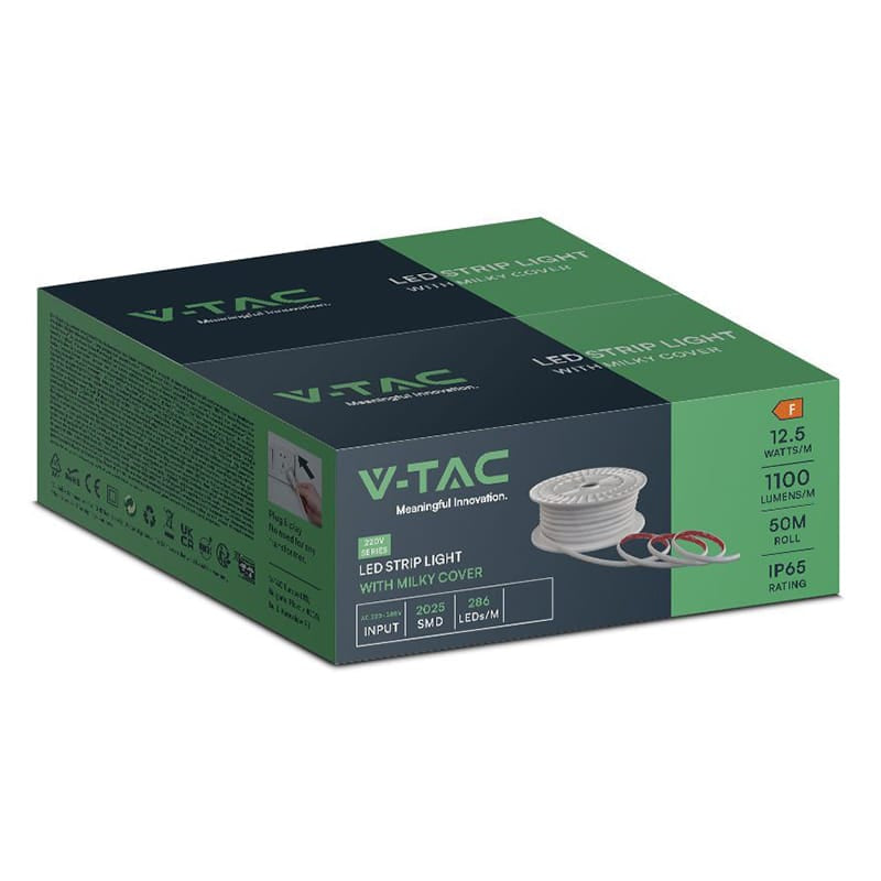 V-Tac Banda LED Bandă LED COB V-Tac 12,5W/m 220-240V IP65 6500K Alb Rece, Rulou 50m, 8mm, 1100 lm/m, CRI>80