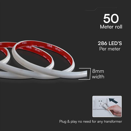 V-Tac Banda LED Bandă LED COB V-Tac 12,5W/m 220-240V IP65 6500K Alb Rece, Rulou 50m, 8mm, 1100 lm/m, CRI>80