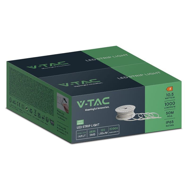 V-Tac Banda LED Bandă LED V-Tac SMD 2835, 10.5W/m, 4000K Alb Neutru, IP65, 220-240V, Rola 50m, 8mm