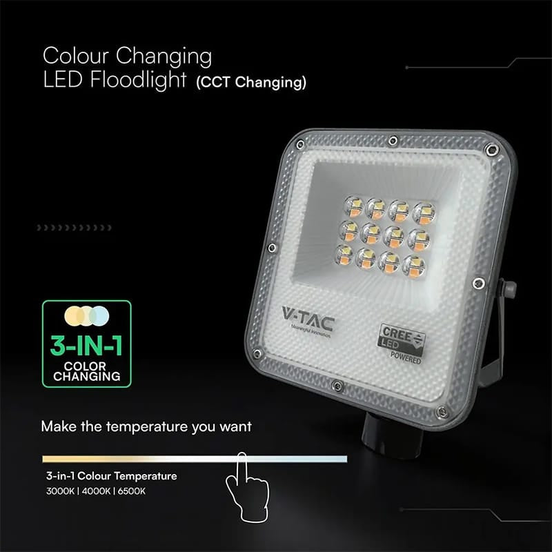 V-Tac Reflector LED REFLECTOR LED SMD 10W 3IN1 IP65 CIP CREE- NEGRU/GRI