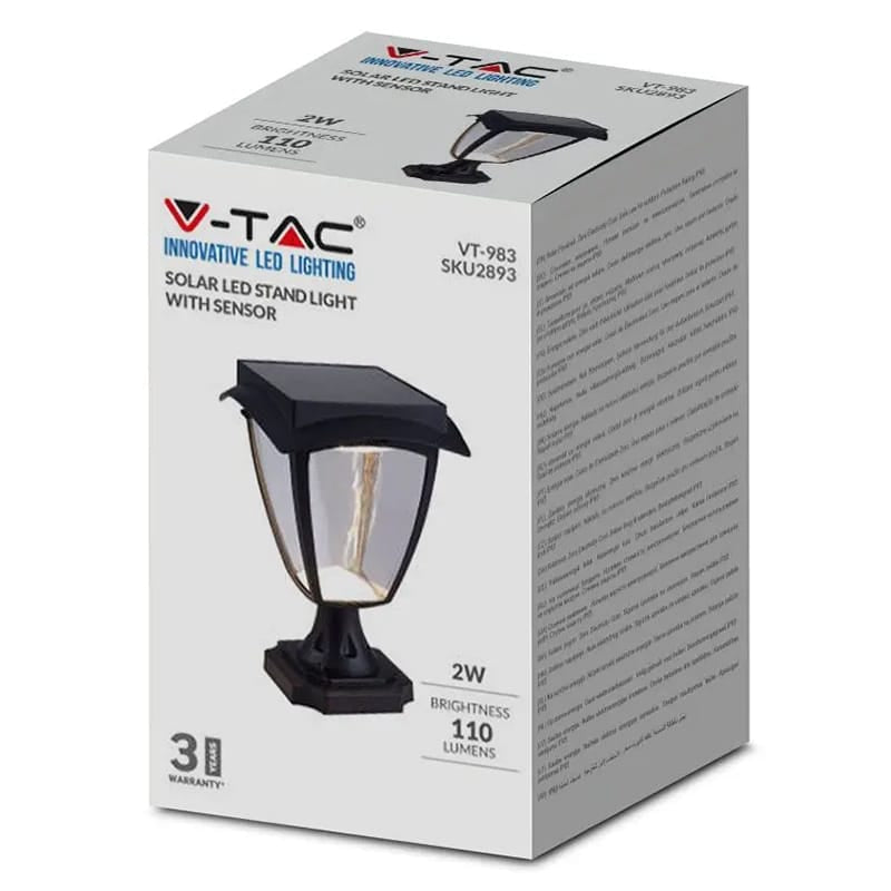 V-Tac Aplica LED Solar V-TAC 2W, 110lm, IP65, Alb Cald 3000K/Alb Rece 6000K, Negru Mat