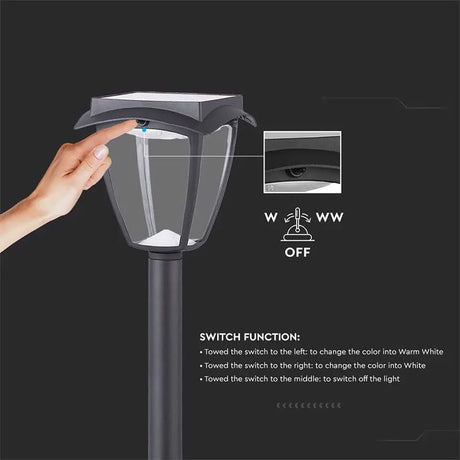 V-Tac Corp Iluminat Solar LED V-TAC 2W, IP65, 110lm, Alb Cald/Rece 3000K/6000K, Negru Mat, Exterior