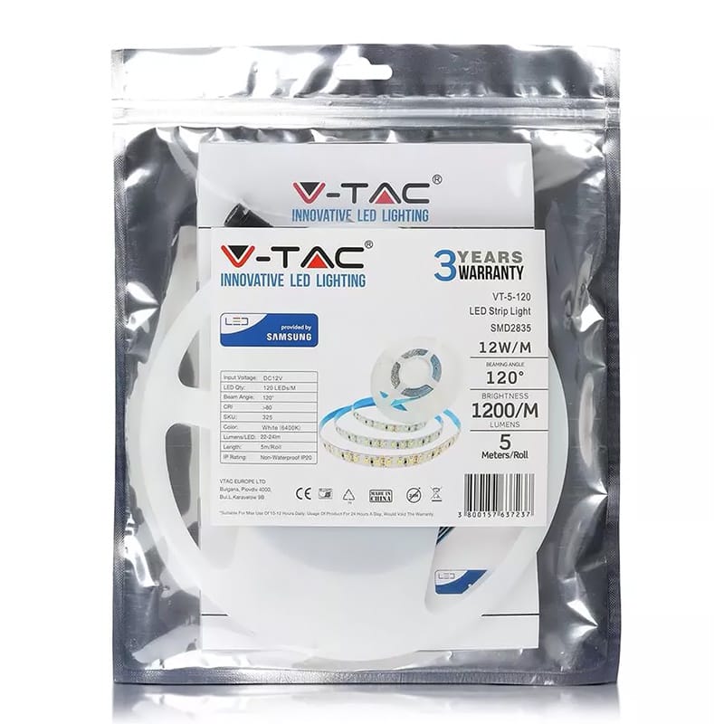 V-Tac Banda LED Banda LED V-Tac SKU-323 | SMD2835, 120LED/m, 3000K, 5m, CIP Samsung