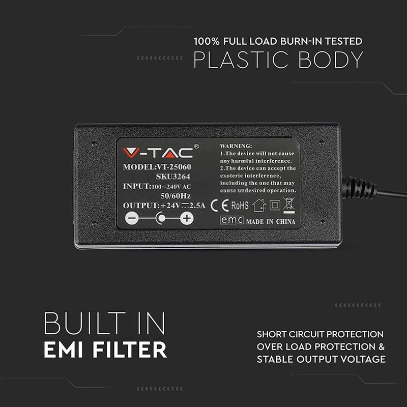 V-Tac Sursa alimentare Sursa Alimentare V-Tac SKU-3264 | SMPS Slim, 24V, 2.5A, 60W