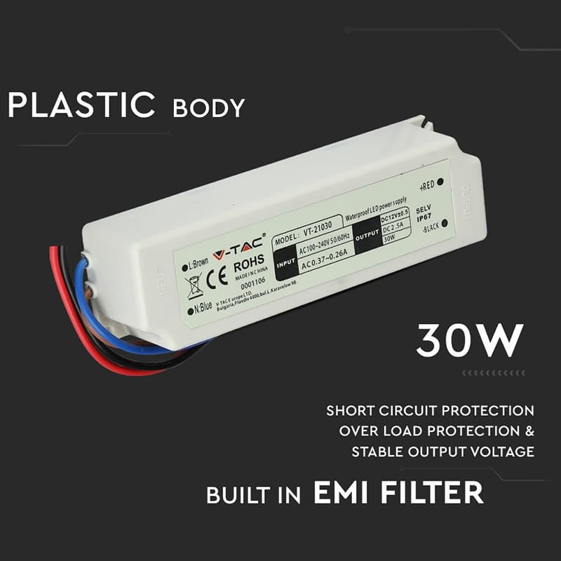 V-Tac Sursa alimentare Sursa Alimentare V-Tac SKU-3271 | Slim, 12V, 30W, 2.5A, IP67