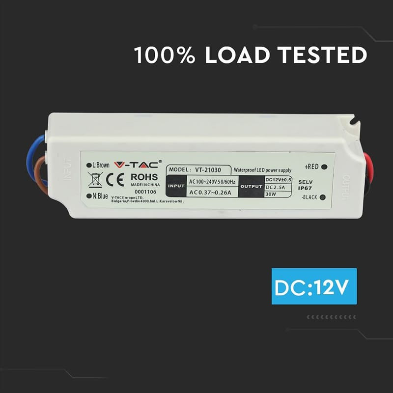 V-Tac Sursa alimentare Sursa Alimentare V-Tac SKU-3271 | Slim, 12V, 30W, 2.5A, IP67