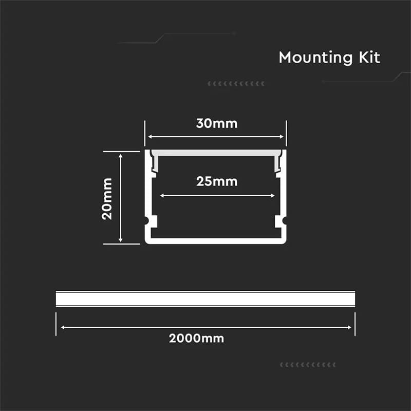 V-Tac Accesorii lumini scena Profil Aluminiu V-Tac SKU-3371 | Banda LED, 2m, 30x20mm, Alb