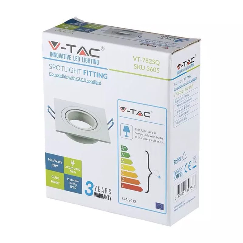 V-Tac Corp iluminat Corp Iluminat V-Tac SKU-3605 | Spot GU10, Alb, Patrat