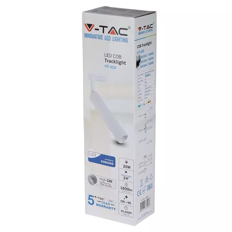 V-Tac Proiector LED Proiector LED V-Tac SKU-364 | 20W, COB Samsung, 5000K, 1600lm, 24°