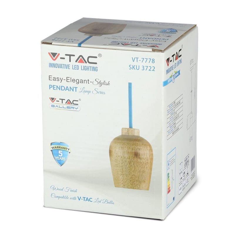 V-Tac Corp de iluminat Pendul Tavan V-Tac SKU-3722 | Soclu E27, Lemn, Albastru
