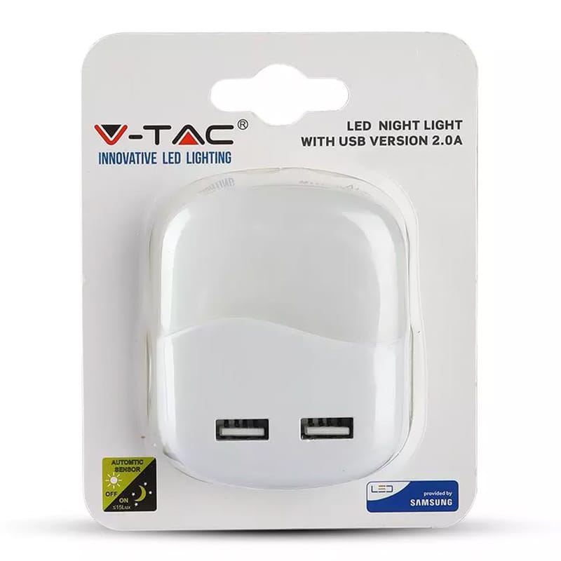 V-Tac Iluminat decorativ Lampa Veghe V-Tac SKU-507 | Patrata, Senzor Lumina, 3000K, 2x USB