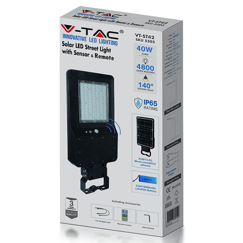 V-Tac Corp iluminat Corp Iluminat Stradal LED Solar V-Tac SKU-5503 | 40W, 4000K, 4800lm, IP65