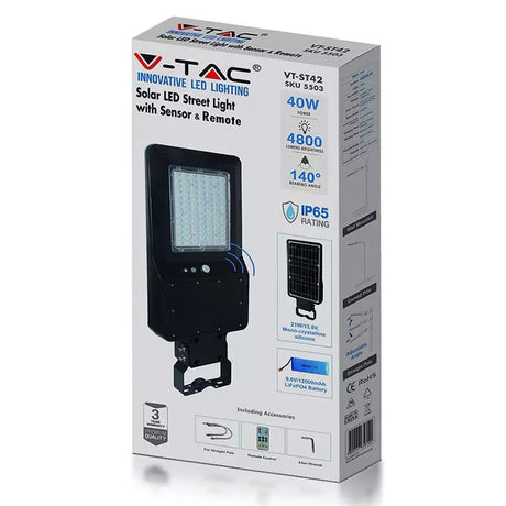 V-Tac Corp iluminat stradal solar LED V-Tac 40W, 4800 lm, 6000K alb rece, IP65, senzor miscare, panou monocristalin 21W