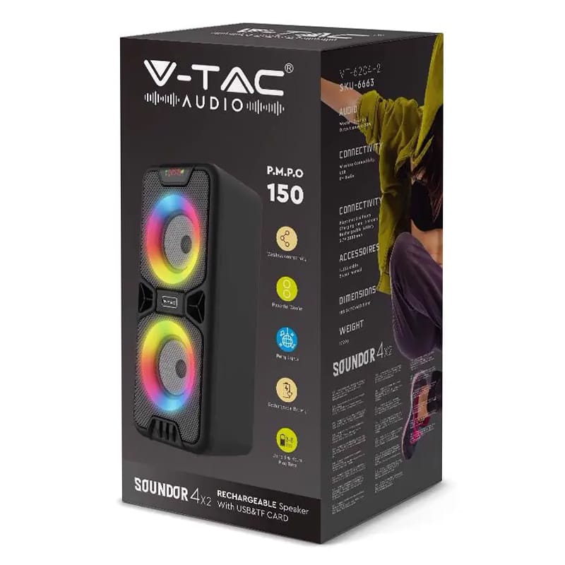V-Tac Boxa portabila Boxa Portabila V-Tac SKU-6663 | 2x4 inch, 10W, Bluetooth, USB, MicroSD