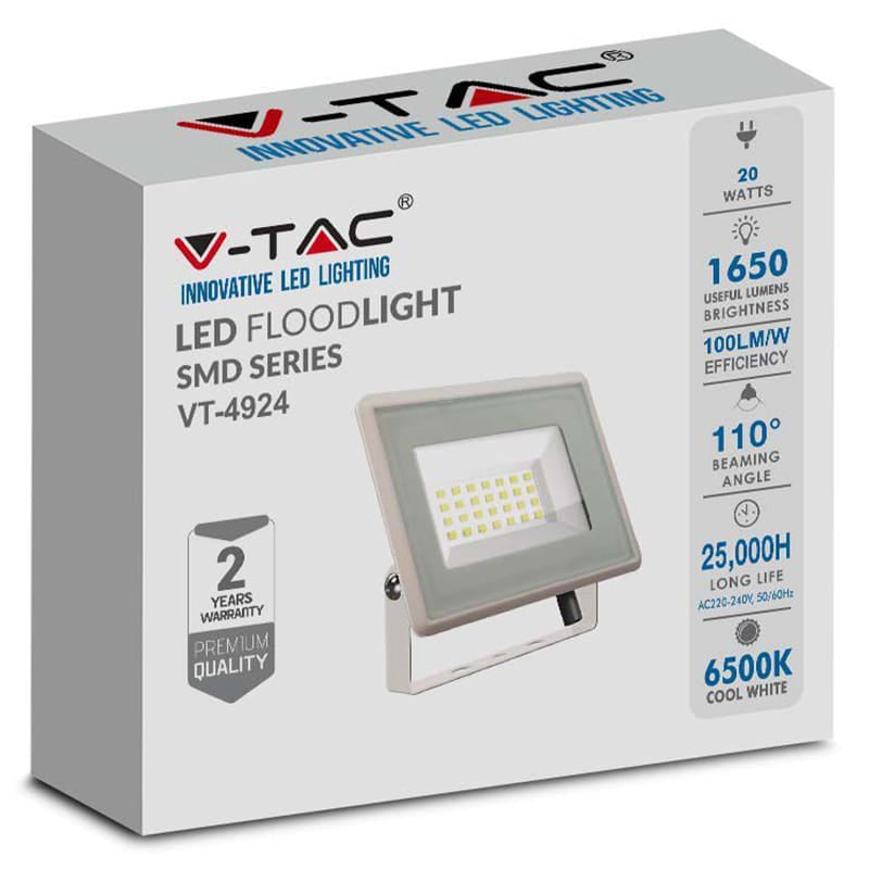 V-Tac Proiector LED Proiector LED V-Tac SKU-6742 | 20W, 6500K, IP65, Alb