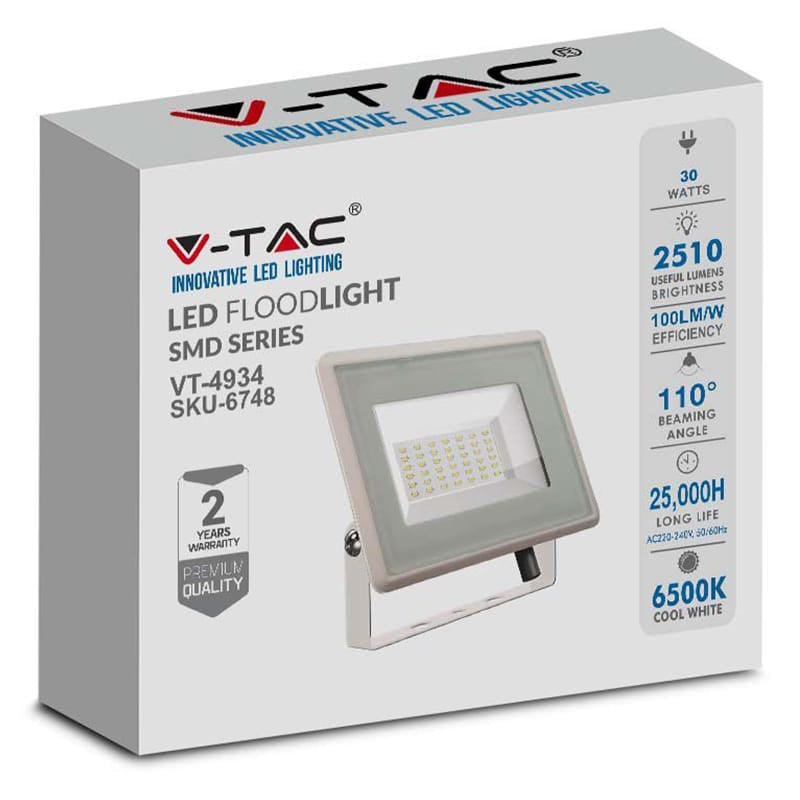 V-Tac Proiector LED Proiector LED V-Tac SKU-6748 | 30W, 6500K, IP65, Alb