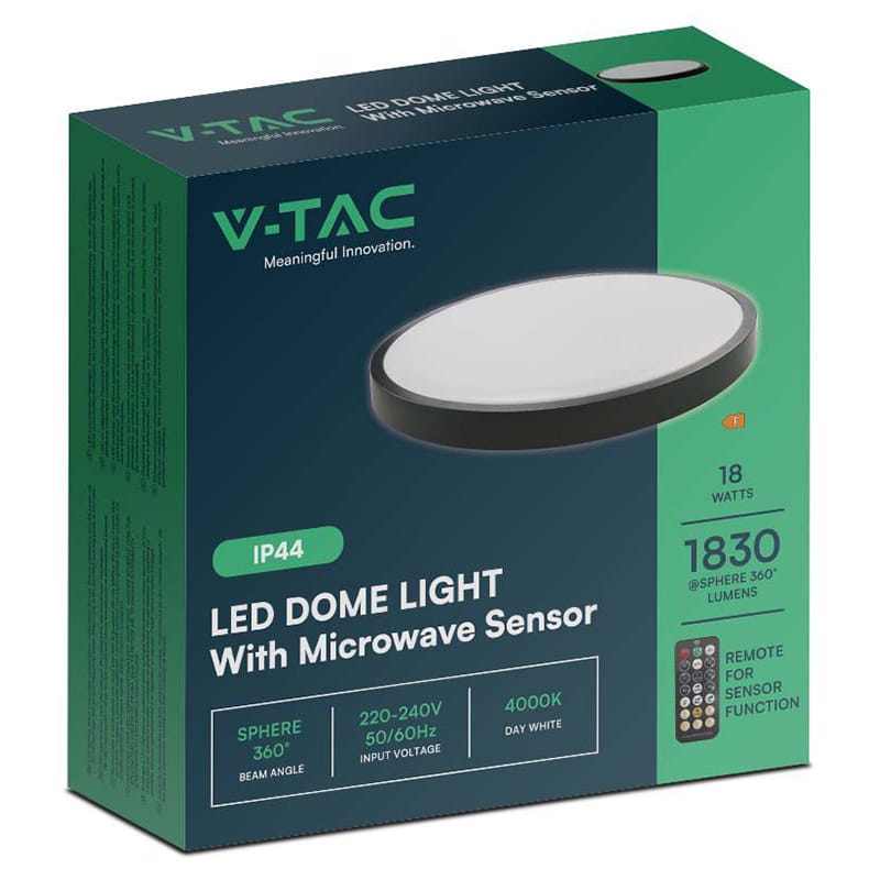 V-Tac Plafoniera LED Plafoniera LED V-Tac SKU-76691 | 18W, IP44, Senzor, 4000K, Negru