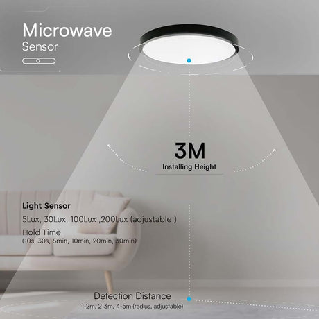 V-Tac Plafoniera LED Plafoniera LED V-Tac SKU-76711 | 30W, IP44, Senzor, 4000K, Negru