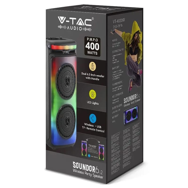 V-Tac Boxa Bluetooth Boxa Portabila V-Tac SKU-7676 | 2x6.5", 50W RMS, Bluetooth, LED, Microfon