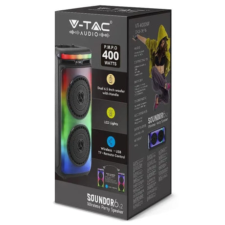 V-Tac Boxa Bluetooth Boxa Portabila V-Tac SKU-7676 | 2x6.5", 50W RMS, Bluetooth, LED, Microfon