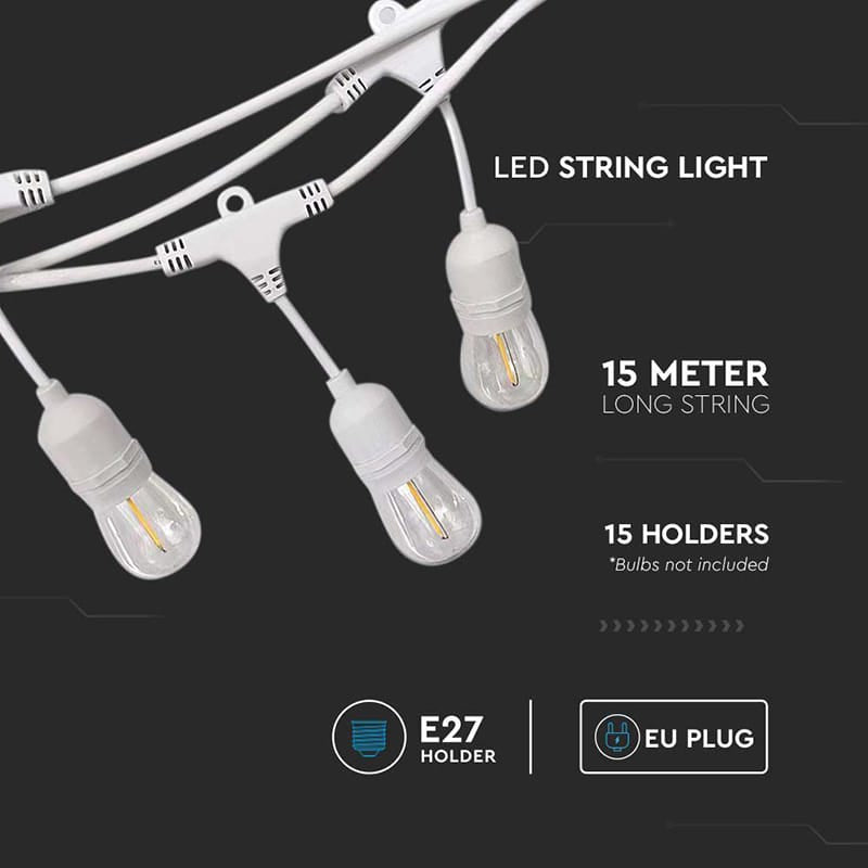 V-Tac Cablu Șir Luminos V-Tac SKU-7699 | 15m, 15 Socluri E27, IP65, Exterior