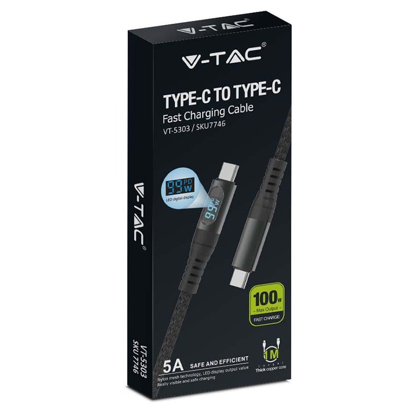 V-Tac Cablu USB-C Cablu V-Tac SKU-7746 | USB-C la USB-C, 1m, Cu Afisaj