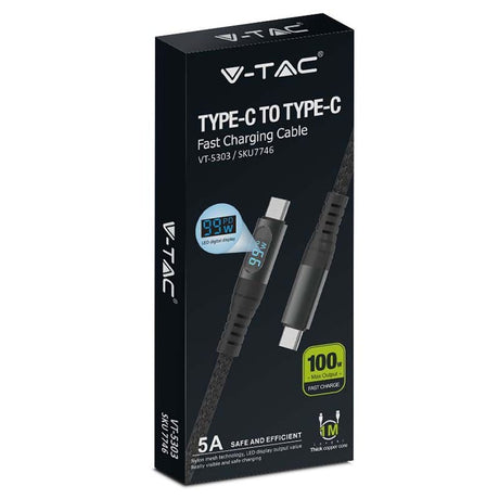 V-Tac Cablu USB-C Cablu V-Tac SKU-7746 | USB-C la USB-C, 1m, Cu Afisaj