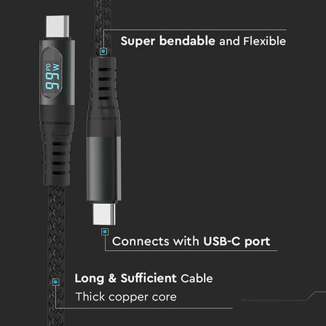 V-Tac Cablu USB-C Cablu V-Tac SKU-7746 | USB-C la USB-C, 1m, Cu Afisaj