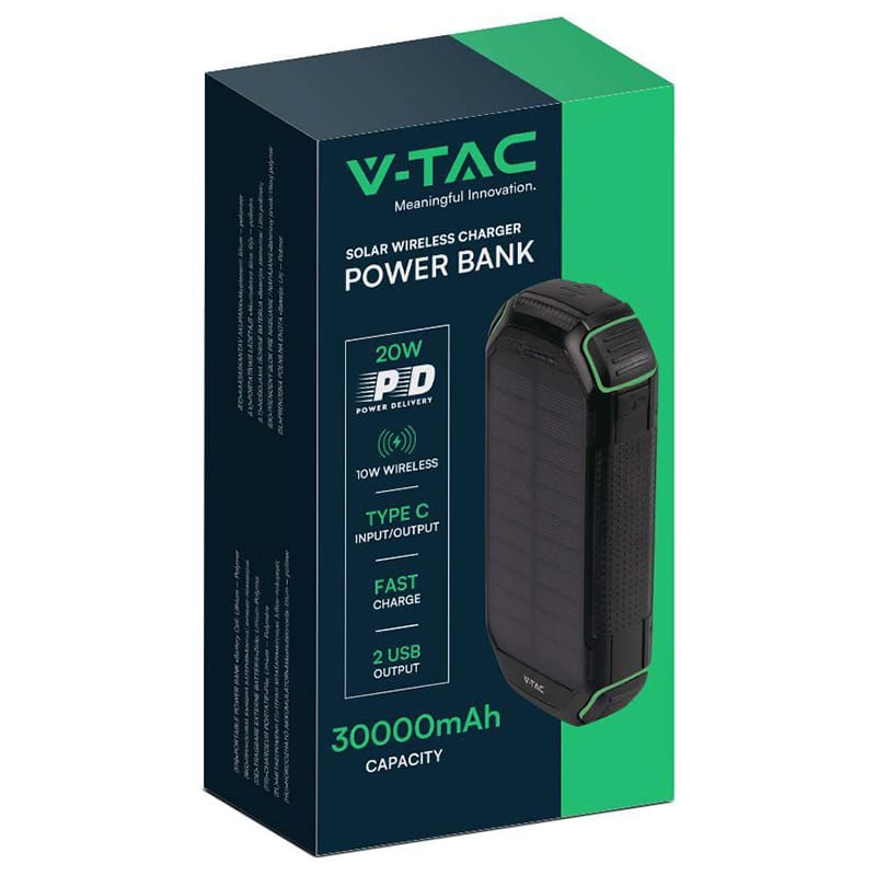V-Tac Power bank Power Bank V-Tac SKU-7836 | 30000mAh, Wireless 15W, USB-C PD 20W, Solar